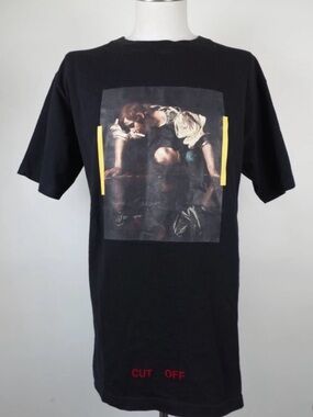 Off-White Black Short-Sleeve Graphic Tee with Yellow Accents
